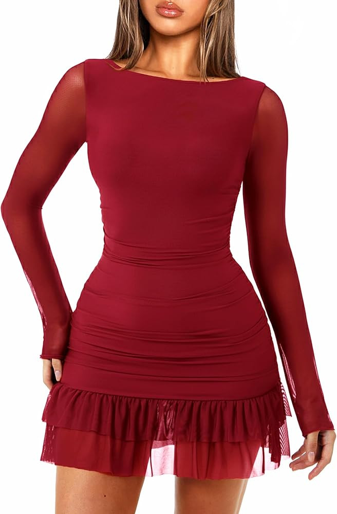 OZICERD Women Boat Neck Bodycon Mini Dresses Long Sleeve Going Out Dress Ruffle Mesh Short Elegan... | Amazon (US)