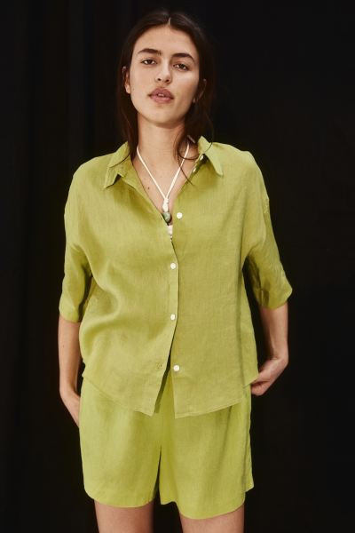 Linen Shirt - Short sleeve - Regular length - Green - Ladies | H&M US | H&M (US + CA)
