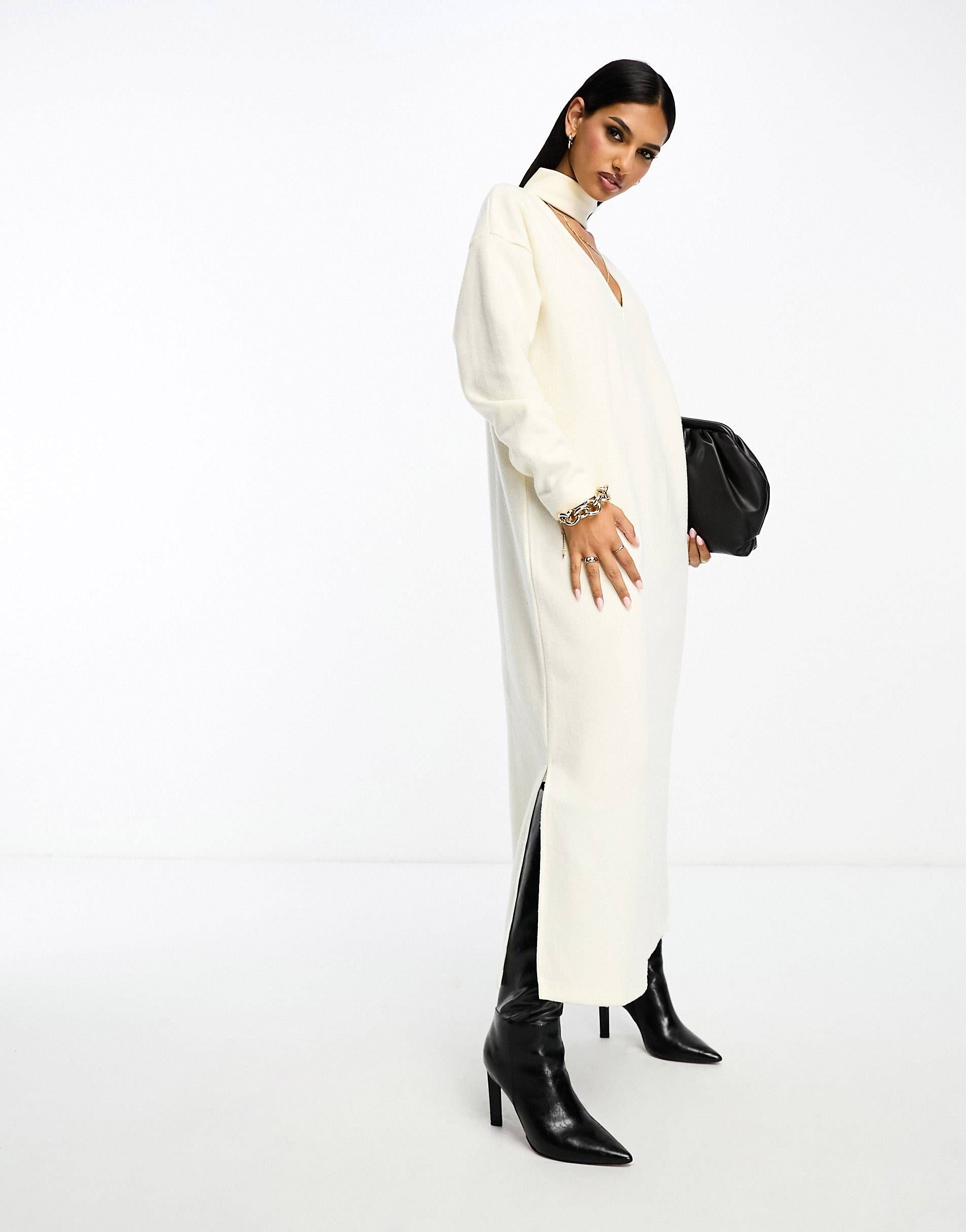 ASOS DESIGN super soft choker detail long sleeve midi sweater dress in winter white | ASOS (Global)