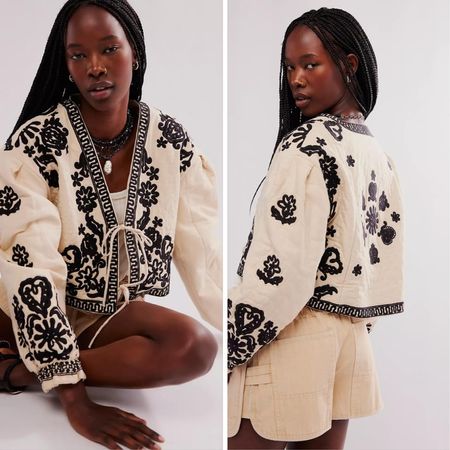 How stunning is this Free People jacket? Intricate quilting and contrast embroidery make this cropped bed-style jacket a true closet standout. #statementjacket #beaded #freepeople