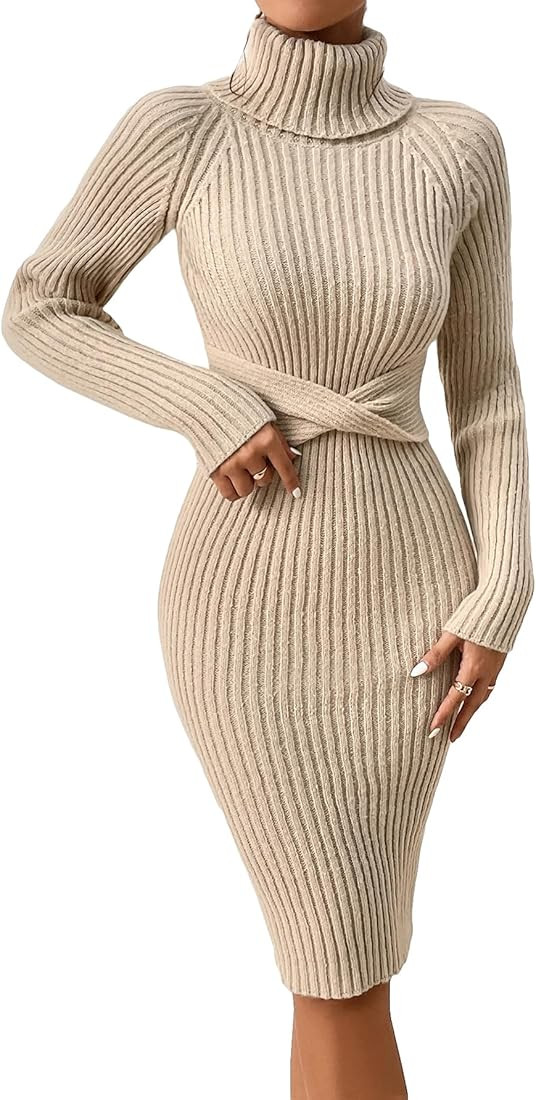 MakeMeChic Women's Turtleneck Long Sleeve Knitted Bodycon Midi Sweater Dress | Amazon (US)