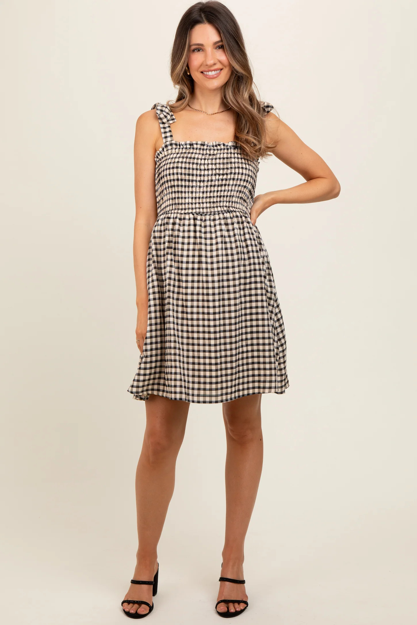 Black Gingham Shoulder Tie Maternity Dress | PinkBlush Maternity