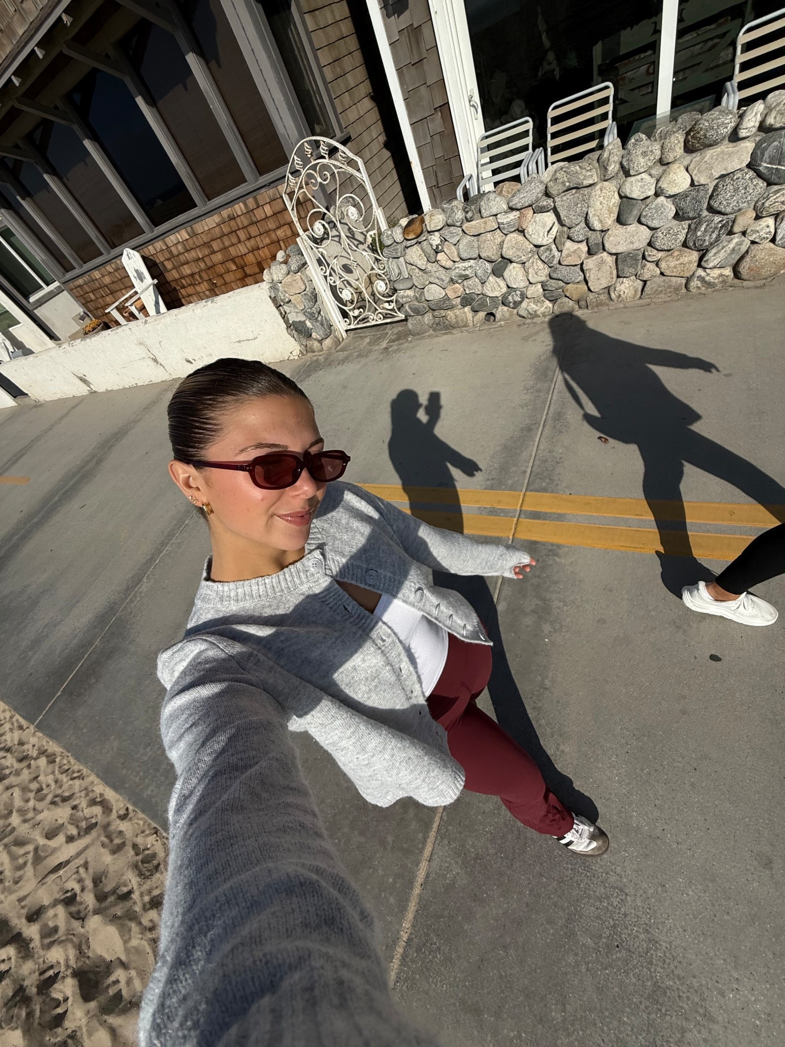 california winter
flare leggings 
cardigan 
grey cardigan 
white tank top
tank top 
sunglasses
red sunglasses
sambas 
white and black sambas 

#LTKFindsUnder100 #LTKootd