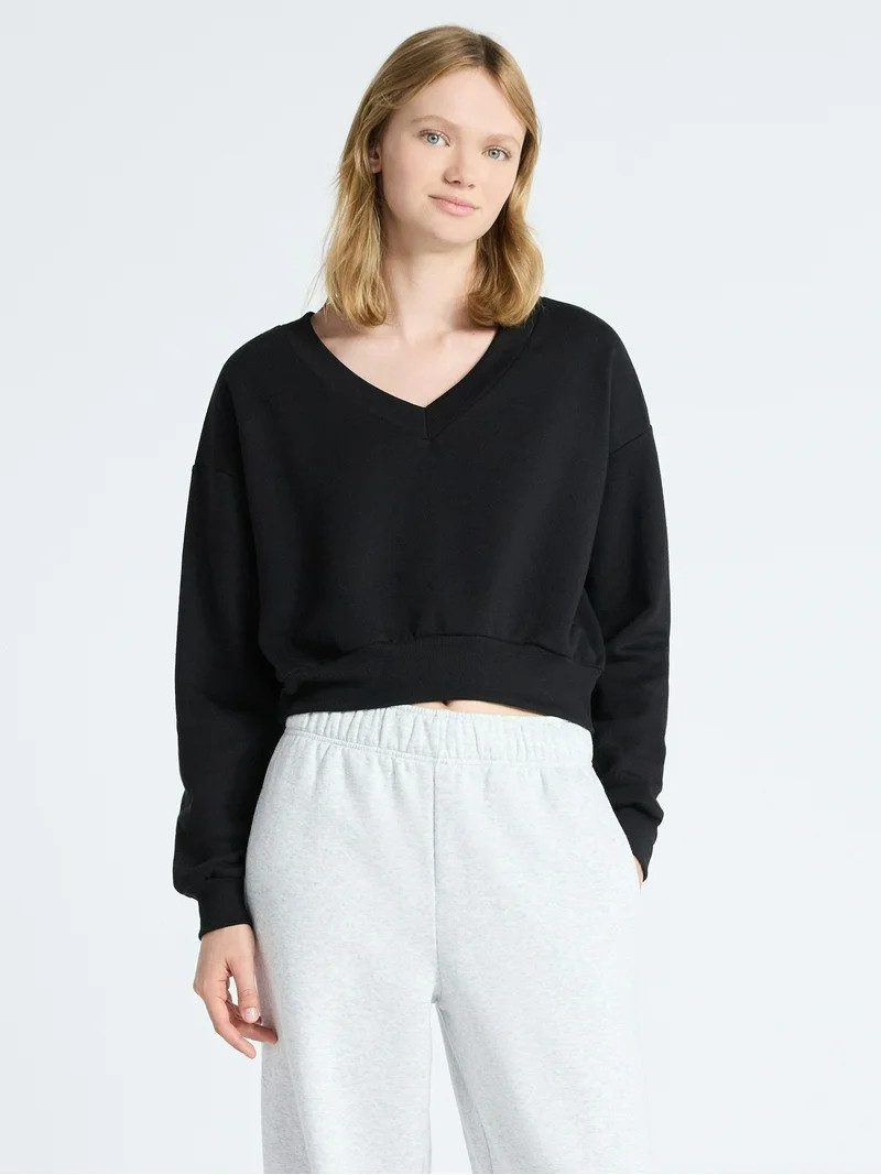 No Boundaries V-Neck Fleece Cropped Sweatshirt, Women's | Walmart (US)