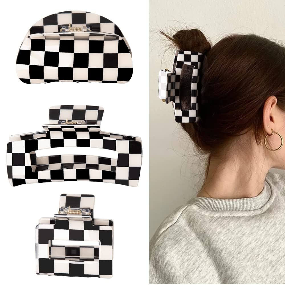 Vintage Checkered Y2K Hair Barrettes, Aesthetic 3Pcs Claw Clips for Women and Girls | Amazon (US)