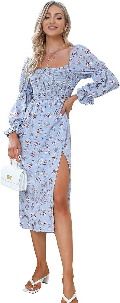 Byinns Women's Floral Printed Maxi Casual Dress Long Puff Sleeves Split Backless Vintage Ruffled ... | Amazon (US)