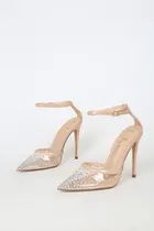 Keiza Light Nude Patent Rhinestone Pointed-Toe Ankle Strap Pumps | Lulus (US)