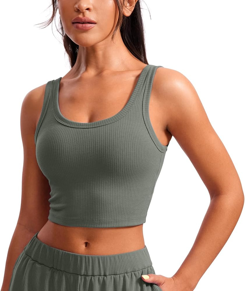 CRZ YOGA Womens Ribbed Longline Sports Bra - U Neck Padded Yoga Cami Workout Crop Tank Top Built ... | Amazon (US)