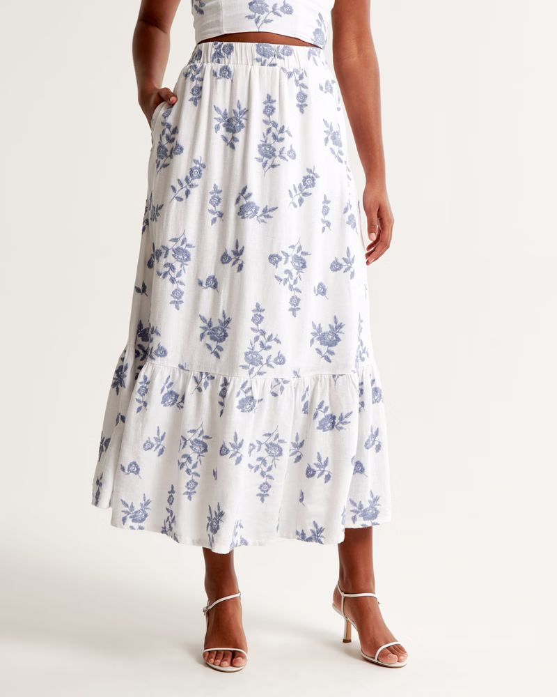 Linen-Blend Embroidered Tiered Maxi Skirt | Abercrombie & Fitch (US)