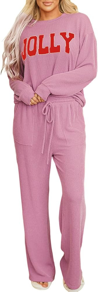 Women Pajamas Set Loungewear Ribbed Long Sleeve Top and Pants with Pockets Lounge Sweatsuit Set | Amazon (US)