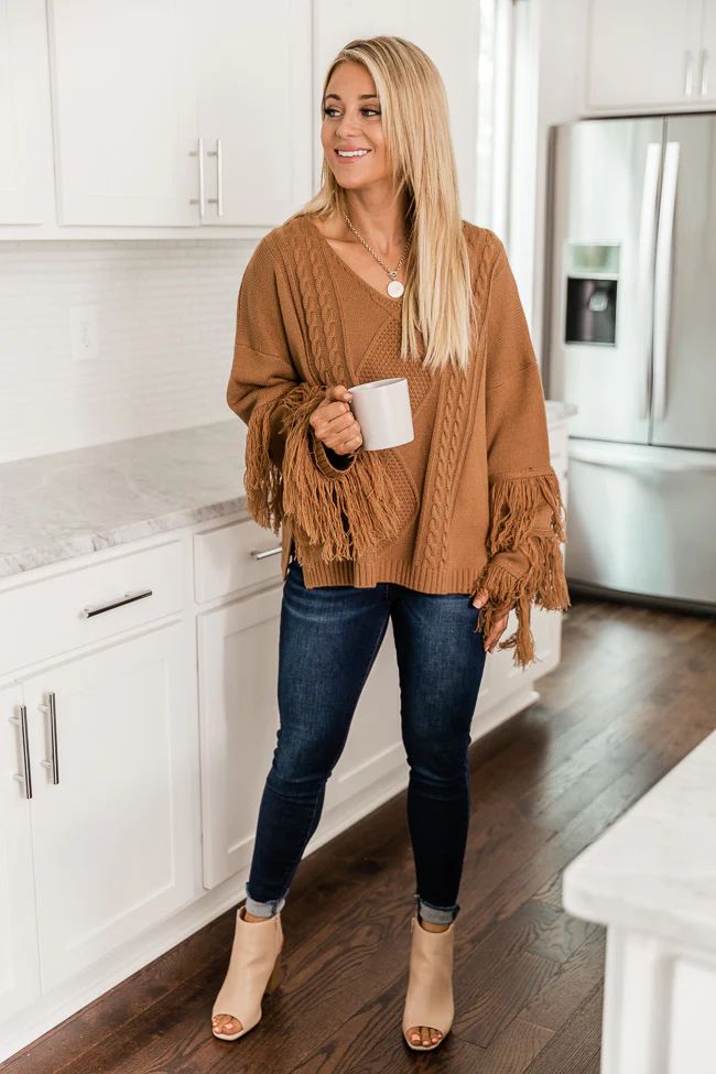 By The Firelight Brown Fringe Sweater | The Pink Lily Boutique