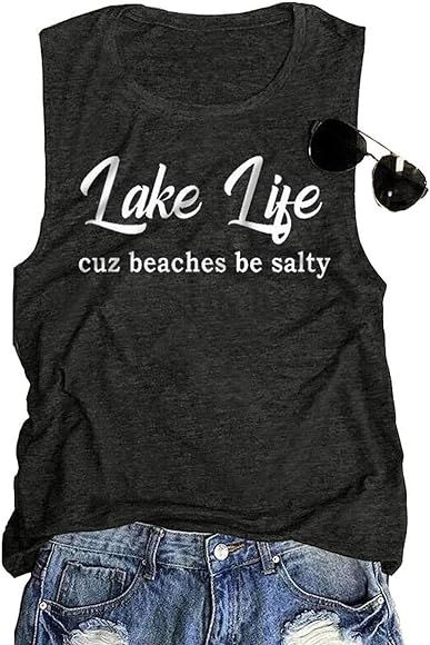 EIGIAGWNG Womens Lake Life Cuz Beaches Be Salty Tank Tops Summer Letter Printed T-Shirt Tees | Amazon (US)