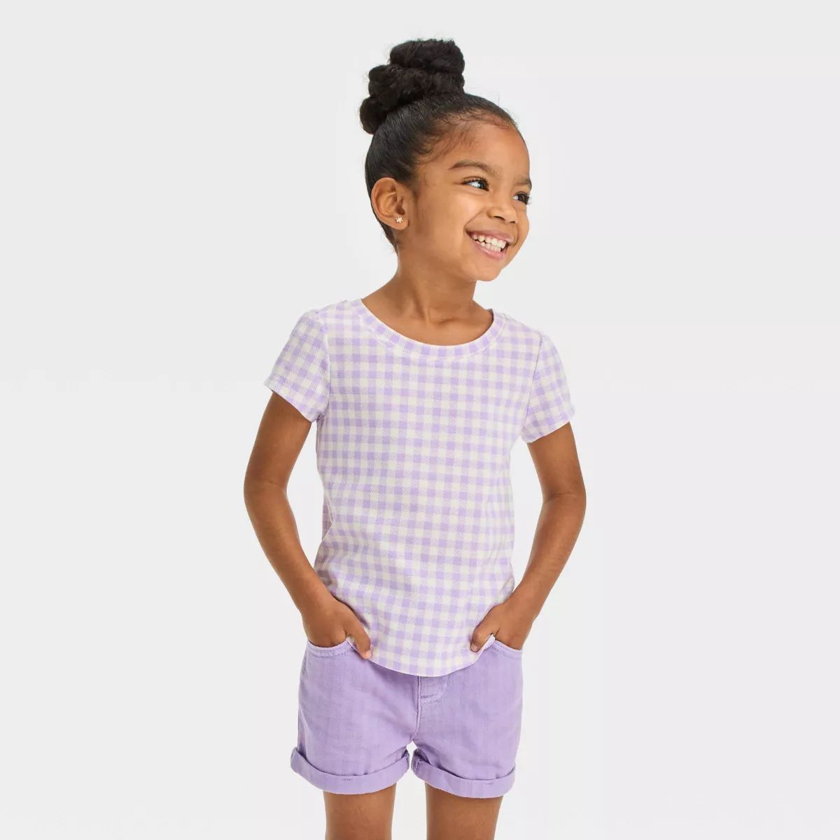 Toddler Girls' Gingham Short Sleeve T-Shirt - Cat & Jack™ Light Purple 3T | Target