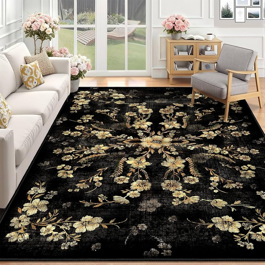 Large Black Floral Area Rugs 8x10 Washable Rug for Living Room Bedroom Dining Room,Boho Vintage B... | Amazon (US)