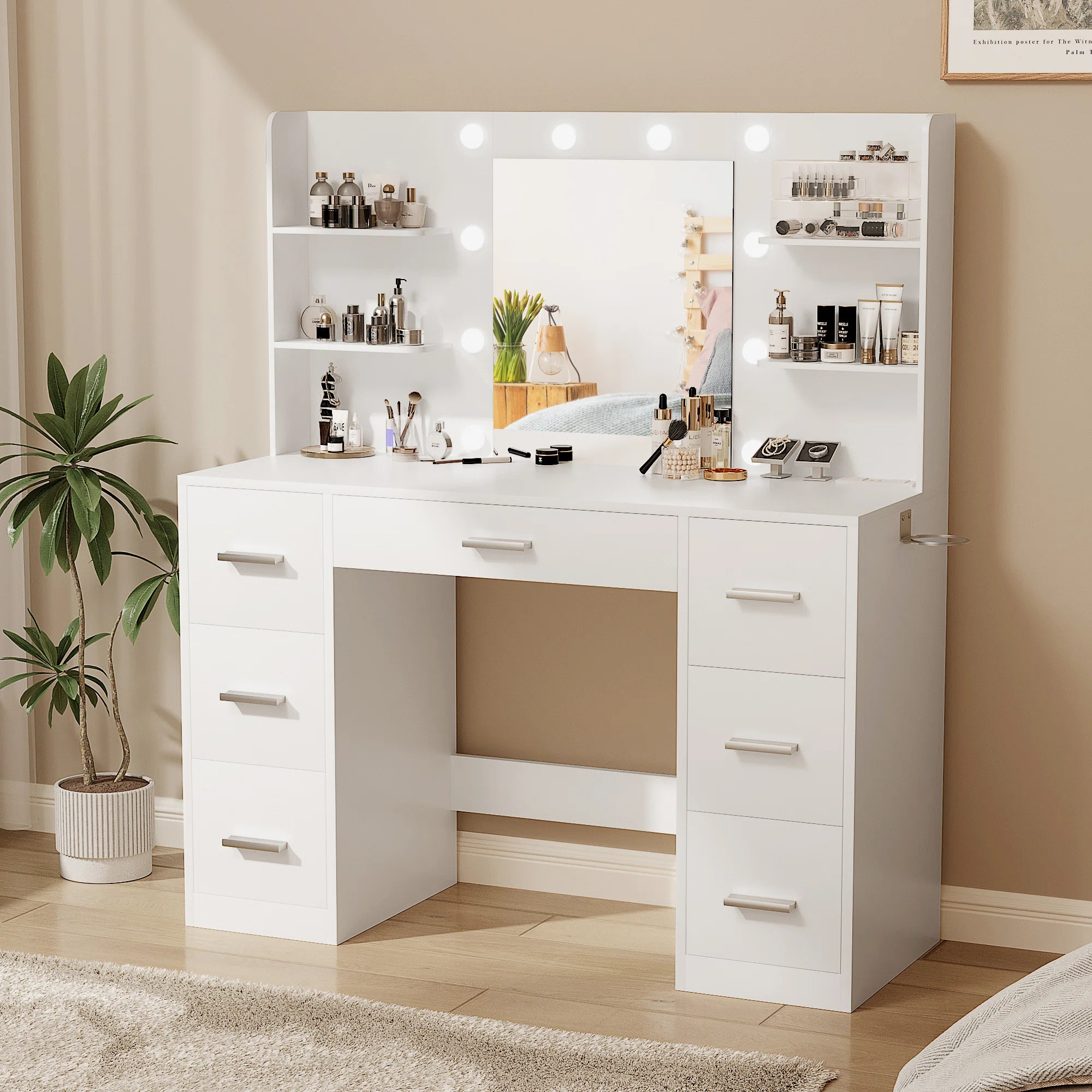 Makeup Vanity With Led Lighted Mirror And Built-In Power Supply | Wayfair North America