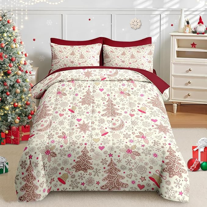 Nesker 5 Pcs Christmas Comforter Set Twin Size, Beige Pine Tree Bedding Set for Kids and Adults, ... | Amazon (US)