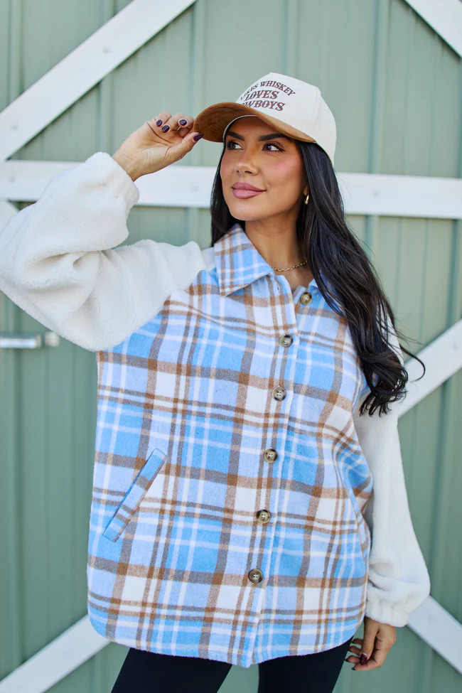 Jude Blue Multi Plaid Sherpa Shacket | Pink Lily