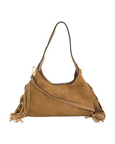 Suede Mini Hobo Bag With Fringes For Women, Gold/Suede | TJ Maxx