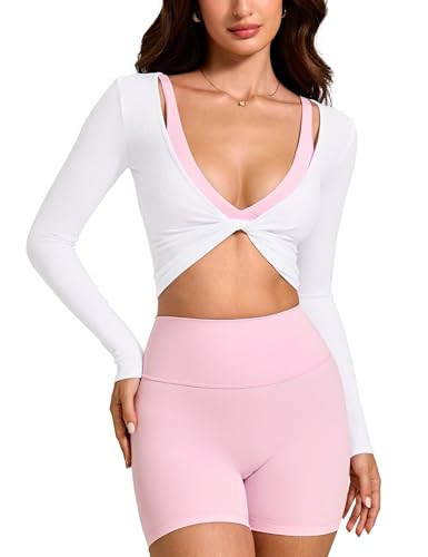 INGIA Womens Long Sleeve Knot Top Twist Front Cropped Activewear Ribbed Shirt Ballet Pilates Yoga Gym Top White Large | Amazon (US)