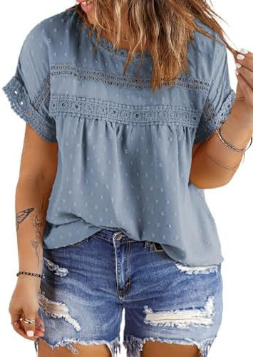 Eytino Plus Size Tops for Women Crewneck Short Sleeve Lace Crochet Boho Dressy Casual Chiffon Blo... | Amazon (US)