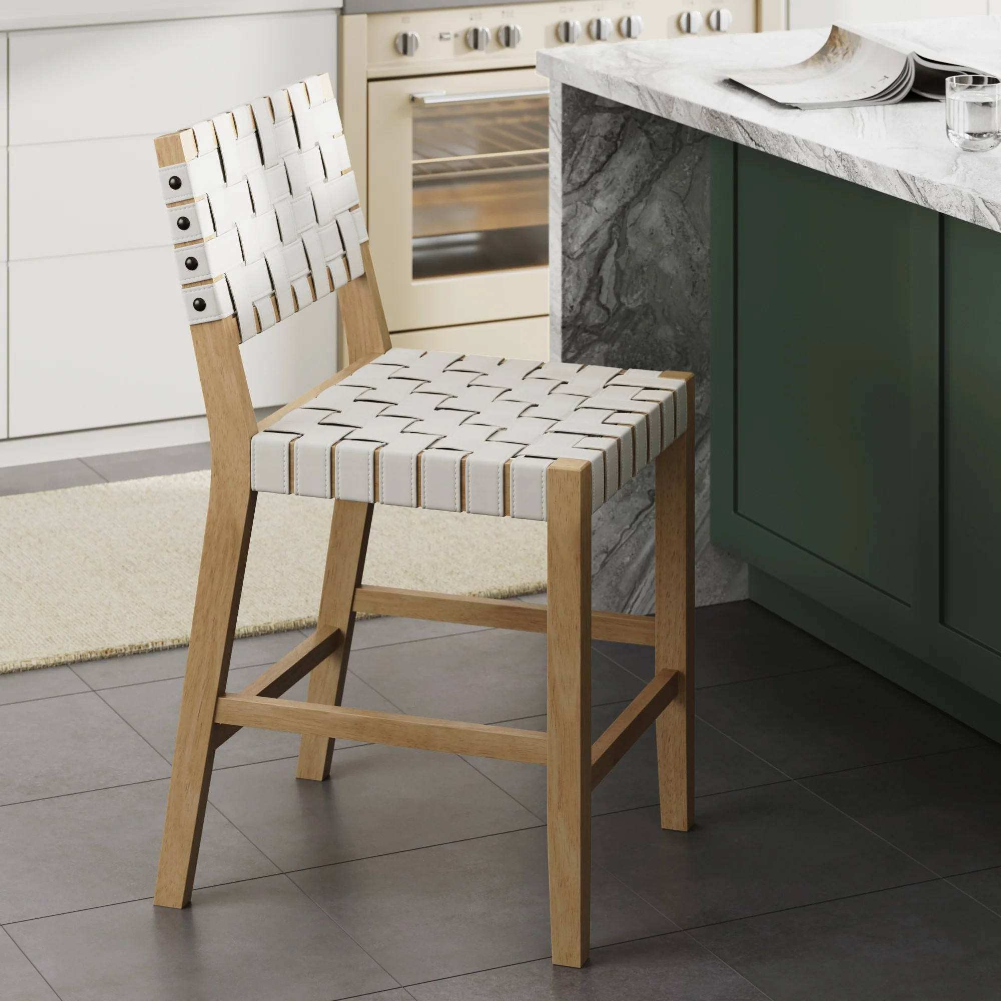 Faux Leather Woven Counter Height Bar Stool Off White | Nathan James