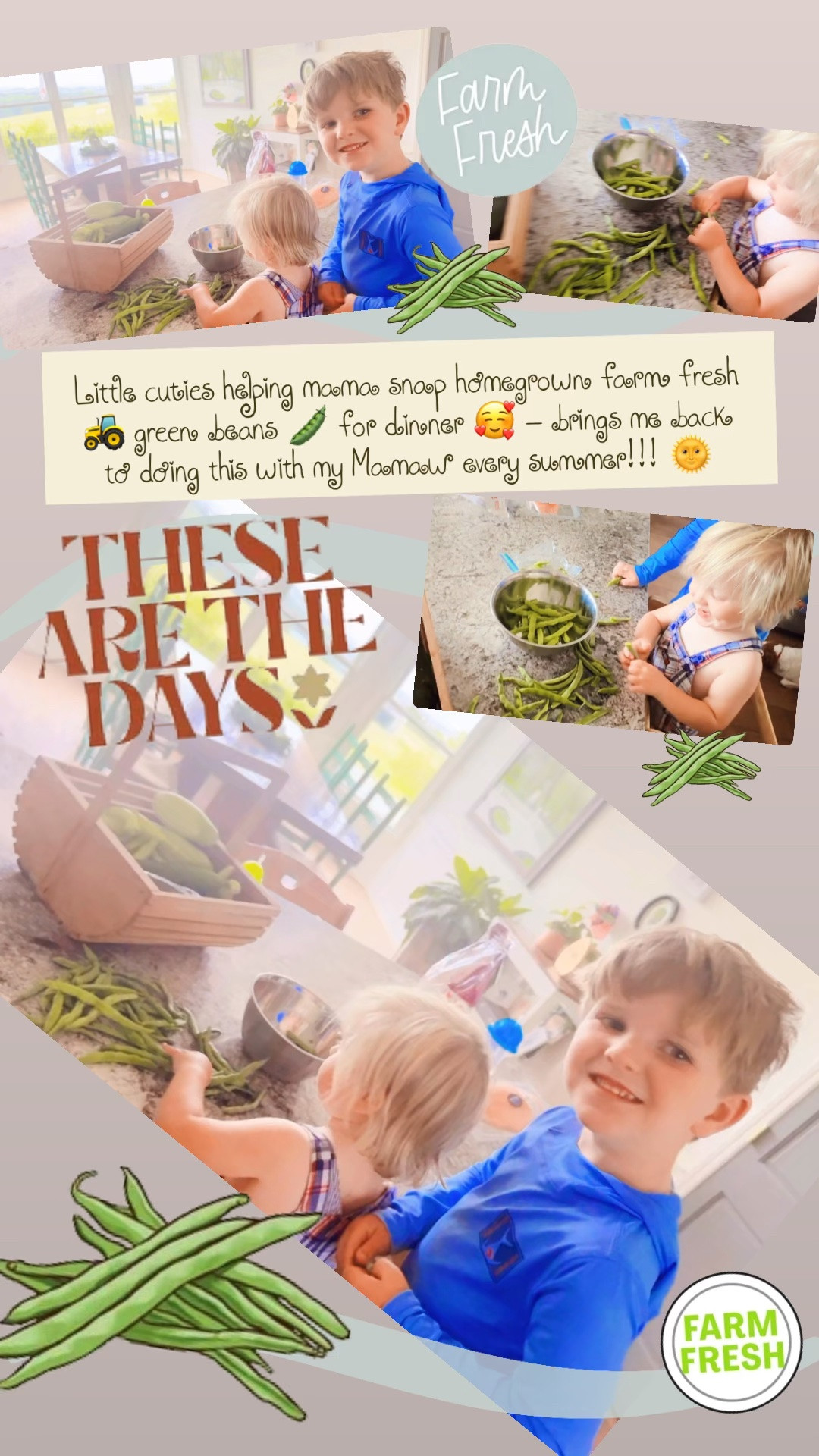 Little cuties helping mama snap homegrown farm fresh 🚜 green beans 🫛 for dinner 🥰 - brings me back to doing this with my Mamaw every summer!!! 🌞