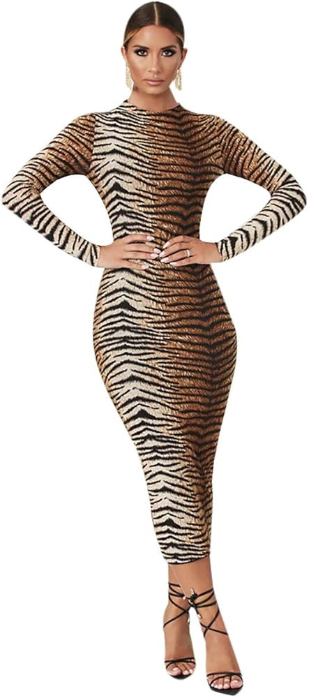 Women Sexy Long Sleeve Leopard Print Bodycon High Neck Long Midi Party Festival Clubwear | Amazon (US)