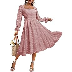 Amegoya Women's Boho Flowy Long Sleeve Square Neck Floral Midi Dress Smocked Spring Fall Wedding ... | Amazon (US)