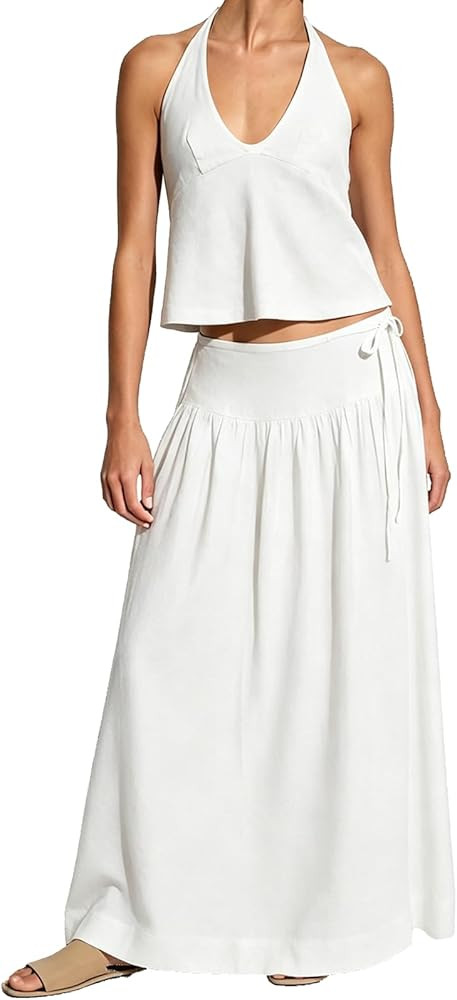 Womens 2 Piece Maxi Skirt Set Halter Backless Crop Top Flowy Skirt Matching Set Boho Summer Beach... | Amazon (US)