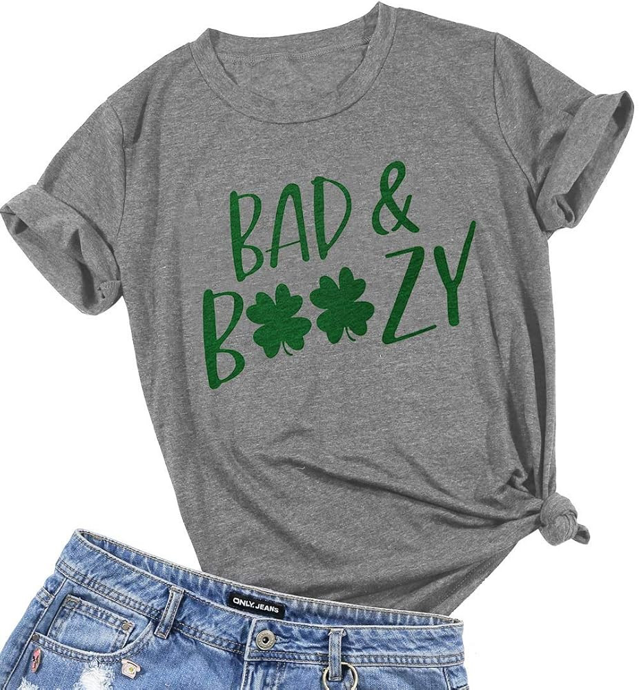 Women St. Patrick's Day Shirt Bad and Boozy Letter Print Clover T-Shirt Short Sleeve Shamrock Irish  | Amazon (US)