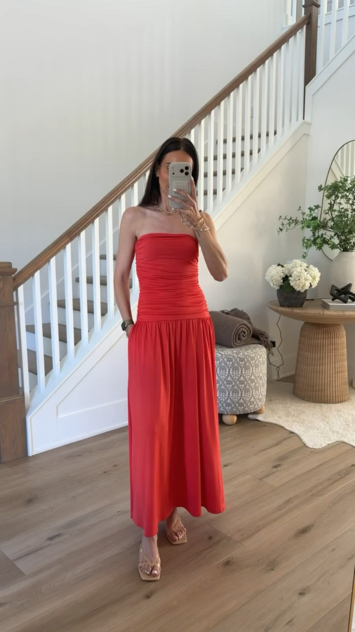 Poppy red dress, fit tts, I'm wearing XS. casual dress, strapless dress, summer dress, chic style, annabrstyle.

#LTKootd #LTKOver40