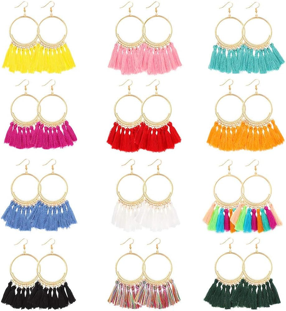 12 Pairs Hoop Tassel Earrings for Women & Girls by JieyueJewelry, Bohemian Fan Tassel Drop Earrin... | Amazon (US)
