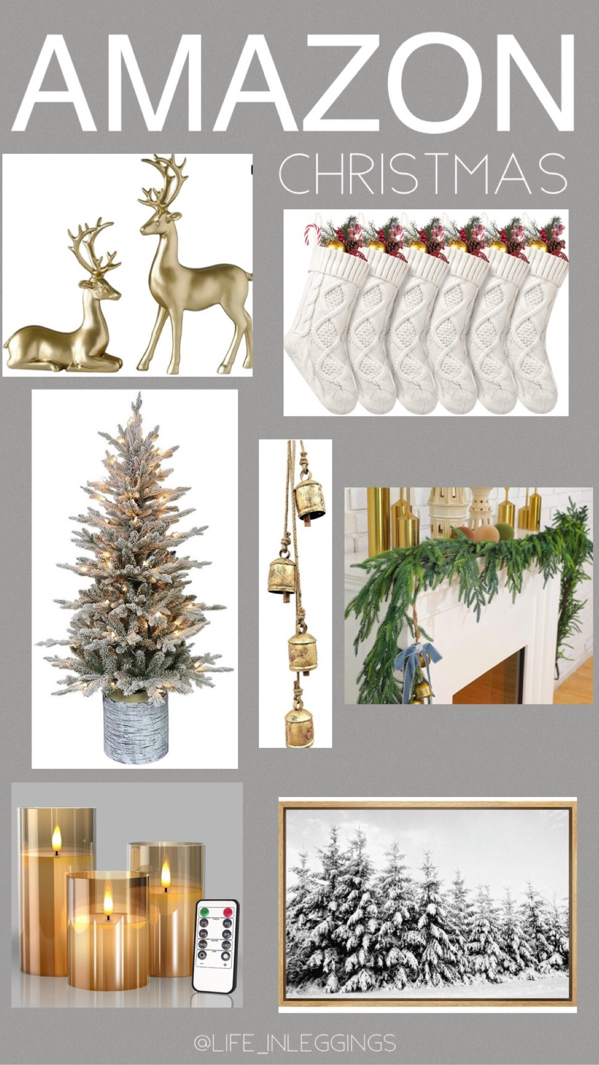 Amazon Christmas Home Decor
Holiday decor, evergreen garland, stockings, potted tree, gold bells, gold reindeer, tree wall art, remote candles

#LTKHoliday #LTKhome #LTKSeasonal