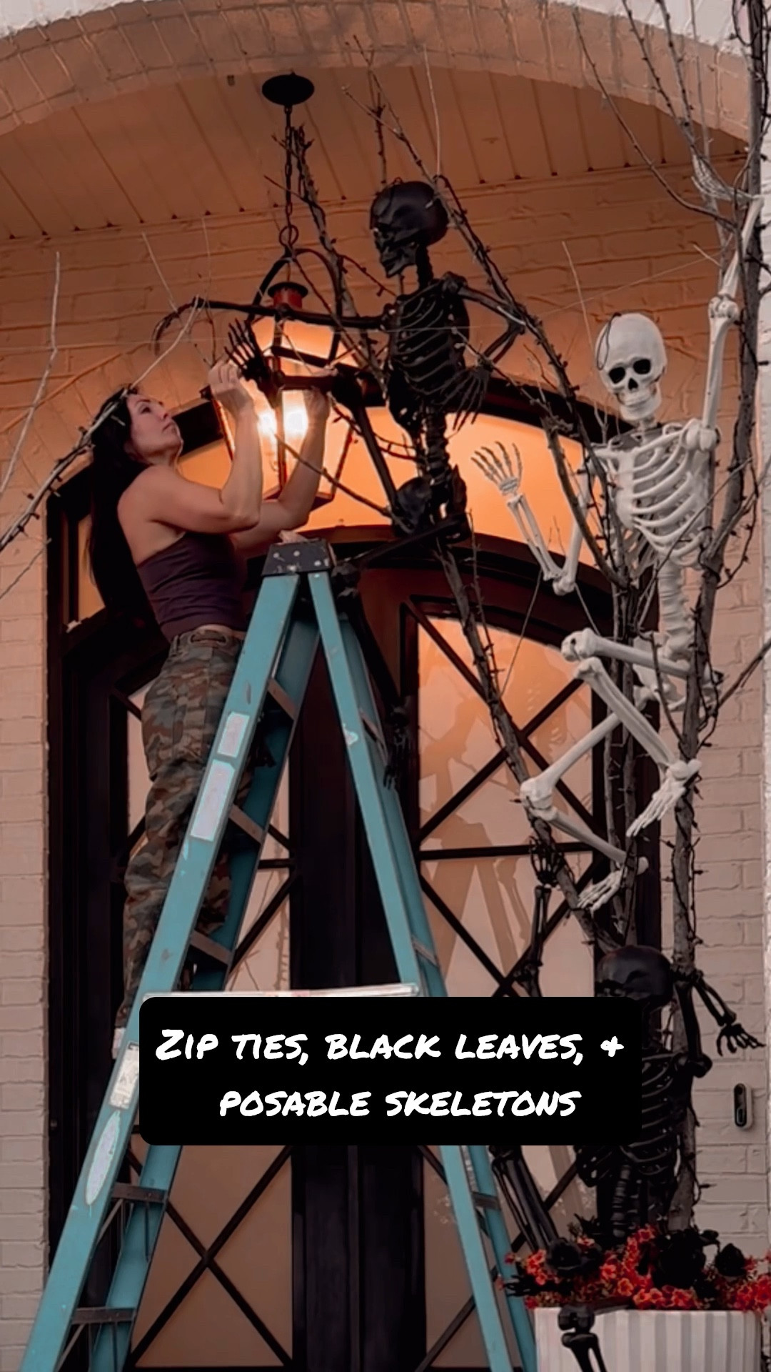 These possible skeletons are the best price and stand on their own. They come in black and white and mini sizes. 

Purple or orange string lights, heavy duty zip ties, and black leaves brought my vision to life. 

I also linked my fav cargo camo barrel jeans and lululemon look alike tank 

#LTKSaleAlert #LTKSeasonal #LTKHome
