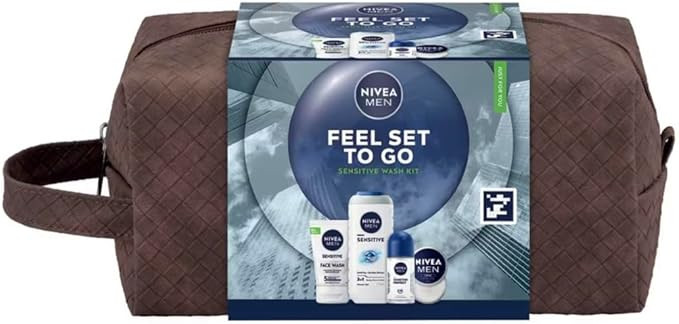 NIVEA MEN Feel Set To Go Sensitive Wash Kit with Brown Travel Bag, Face Wash, Body Wash, Deodoran... | Amazon (UK)