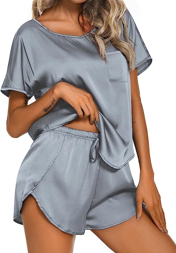 Ekouaer Womens Silk Satin Pajamas Set Short Sleeve Top and Shorts Two-Piece Pjs Silky Sleepwear N... | Amazon (US)