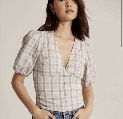 Abercrombie & Fitch Blouse Womens Medium Champagne Plaid Puff Sleeve Button Sz S | eBay US