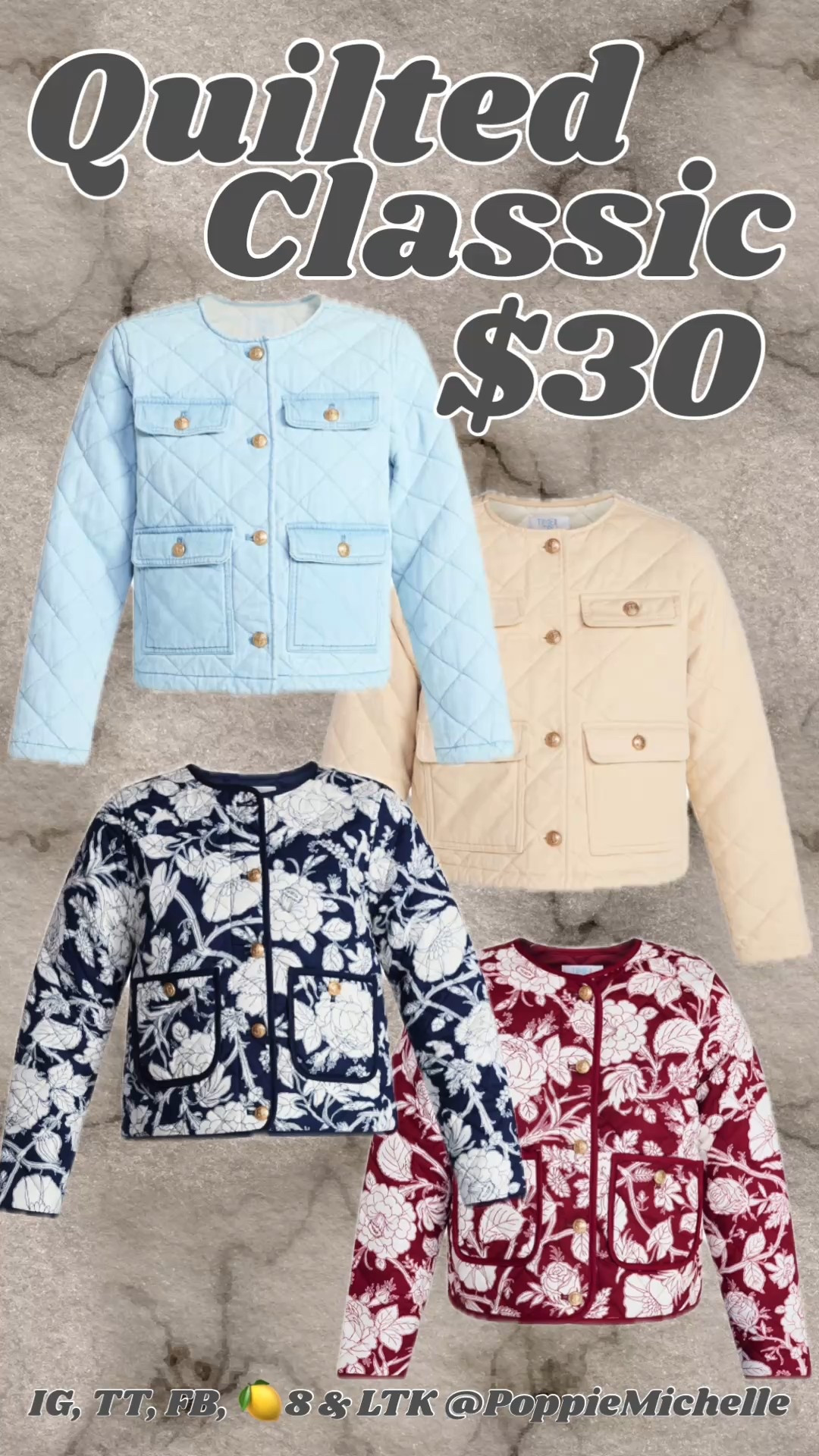 Quilted Jacket - Walmart. 

Old money vibes 
Cream quilted coat with gold buttons 

Sky blue quilted jacket with gold nautical buttons 

Navy blue damask print quilted jacket 

Blue floral print quilted jacket 
Burgundy floral print 
Maroon floral print 

#LTKFindsUnder50 #LTKMidsize #LTKSeasonal