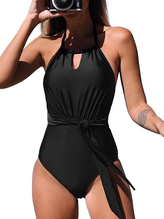 CUPSHE Women's One Piece Swimsuit Black Keyhole Halter Backless Belt Bathing Suit | Amazon (US)