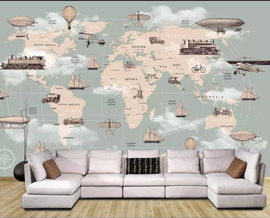 Cartoon World Map Wall Mural, Airplane Hot Air Balloon Wallpaper Decoration, Wall Stickers Durabl... | Amazon (US)