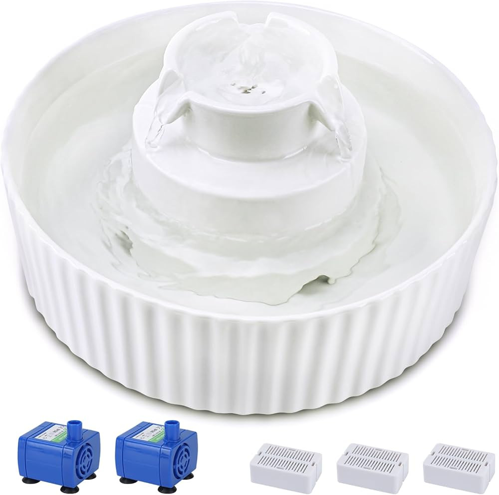 Ceramic Cat Water Fountain, 2.1L/71oz Cat Fountain with 3 Carbon Filters and 2 Water Pumps, Cupca... | Amazon (US)