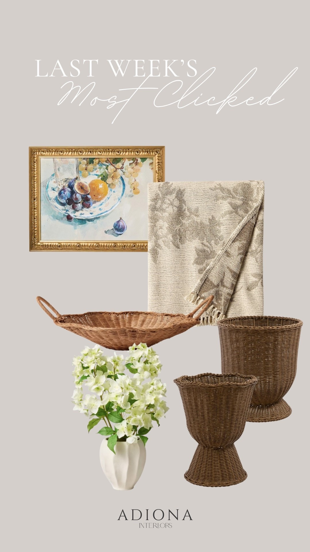 Last week’s most clicked 

Target home, budget home decor, Walmart home decor, rattan planter, rattan vase, rattan tray, vintage painting, throw blanket, faux floral stems, vase, spring decor

#LTKSeasonal #LTKFindsUnder50 #LTKHome