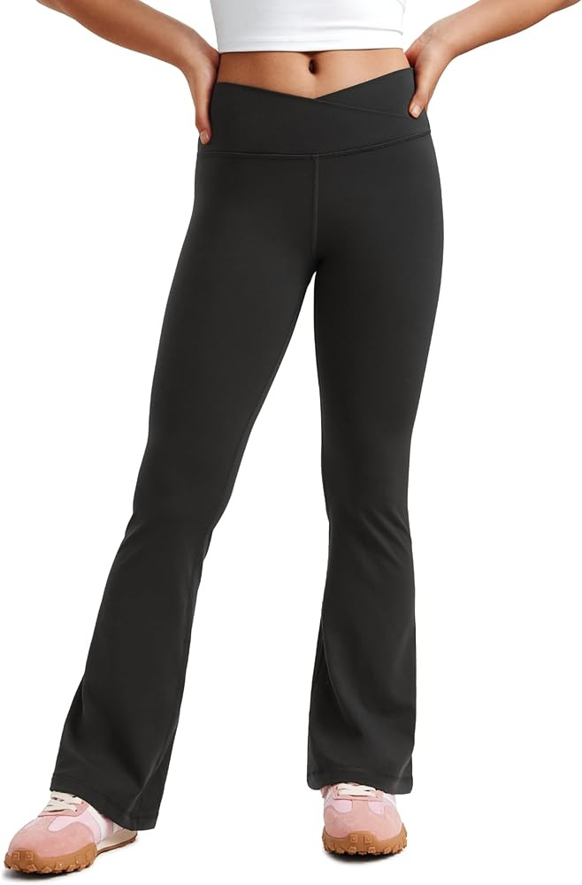 Amazon.com: CRZ YOGA Girls Butterluxe Crossover Flare Leggings - Kids High Waist V Cross Bell Bot... | Amazon (US)