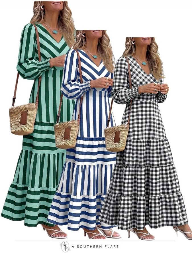 Caracilia Womens Long Sleeve Gingham Striped Boho Flowy A-Line Maxi Dress | Casual Fall Dresses,C... | Amazon (US)