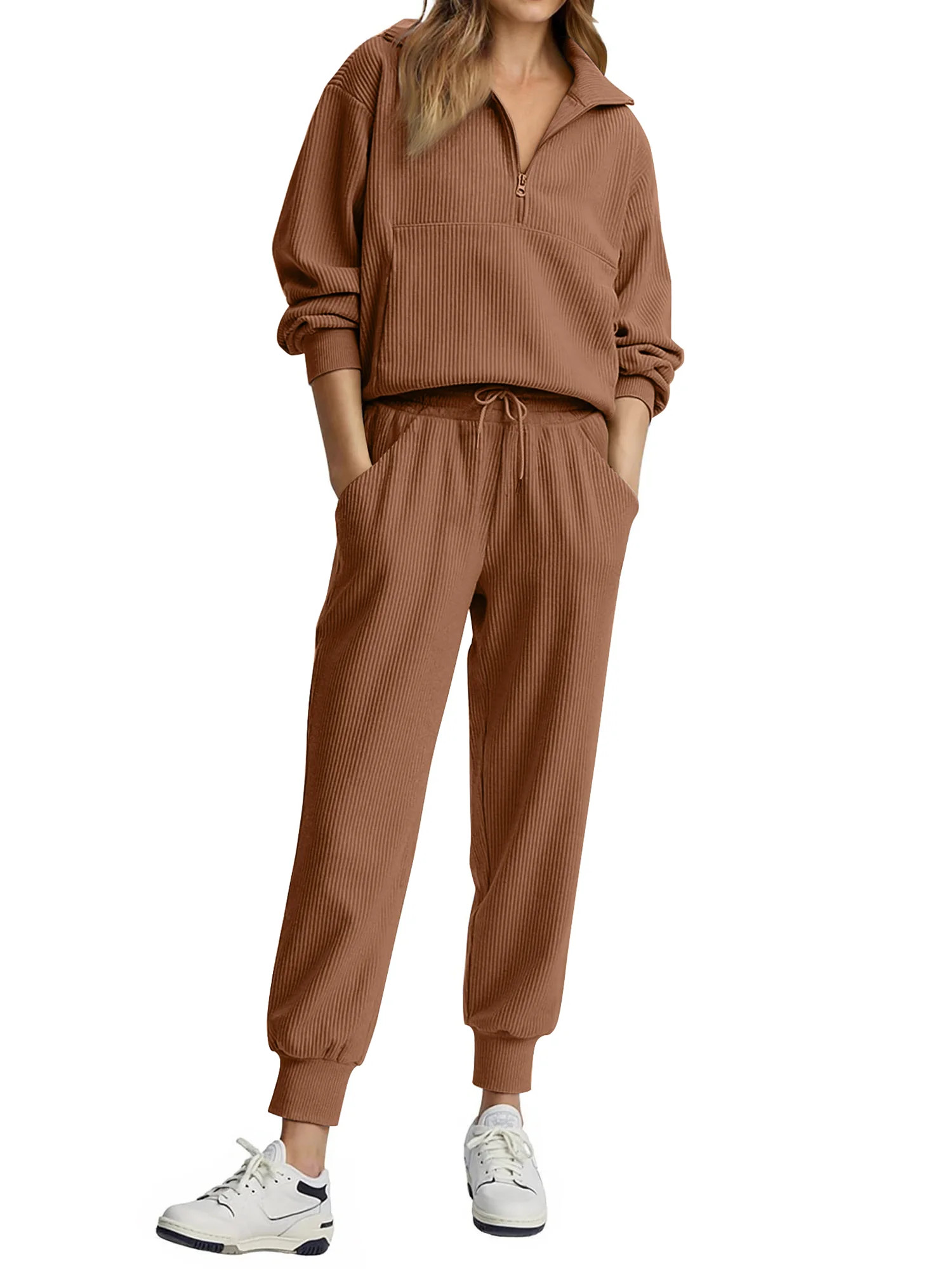 Fantaslook Womens 2 Piece Outfits Long Sleeve Half Zip Sweatsuits with Pockets Pullover Lounge Se... | Walmart (US)