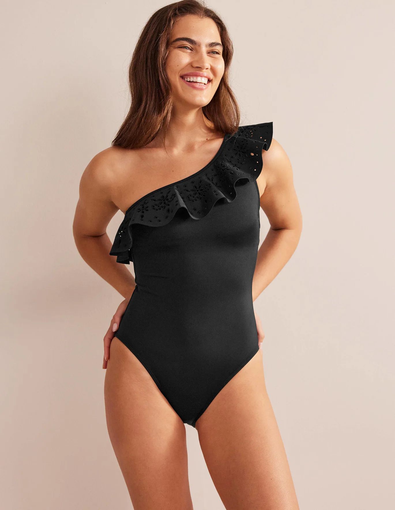 Ruffle One Shoulder Swimsuit - Black | Boden (US)