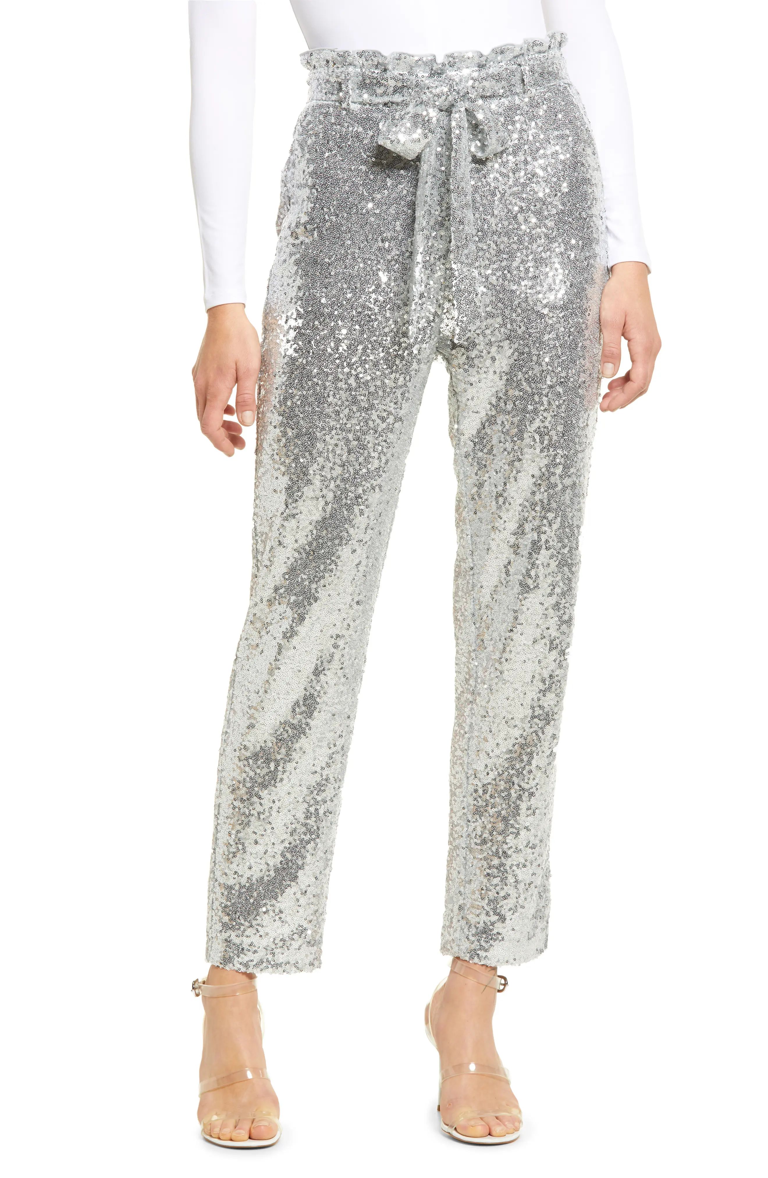 Women's Chelsea28 Sequin Paperbag Waist Pants, Size XX-Small - Metallic | Nordstrom