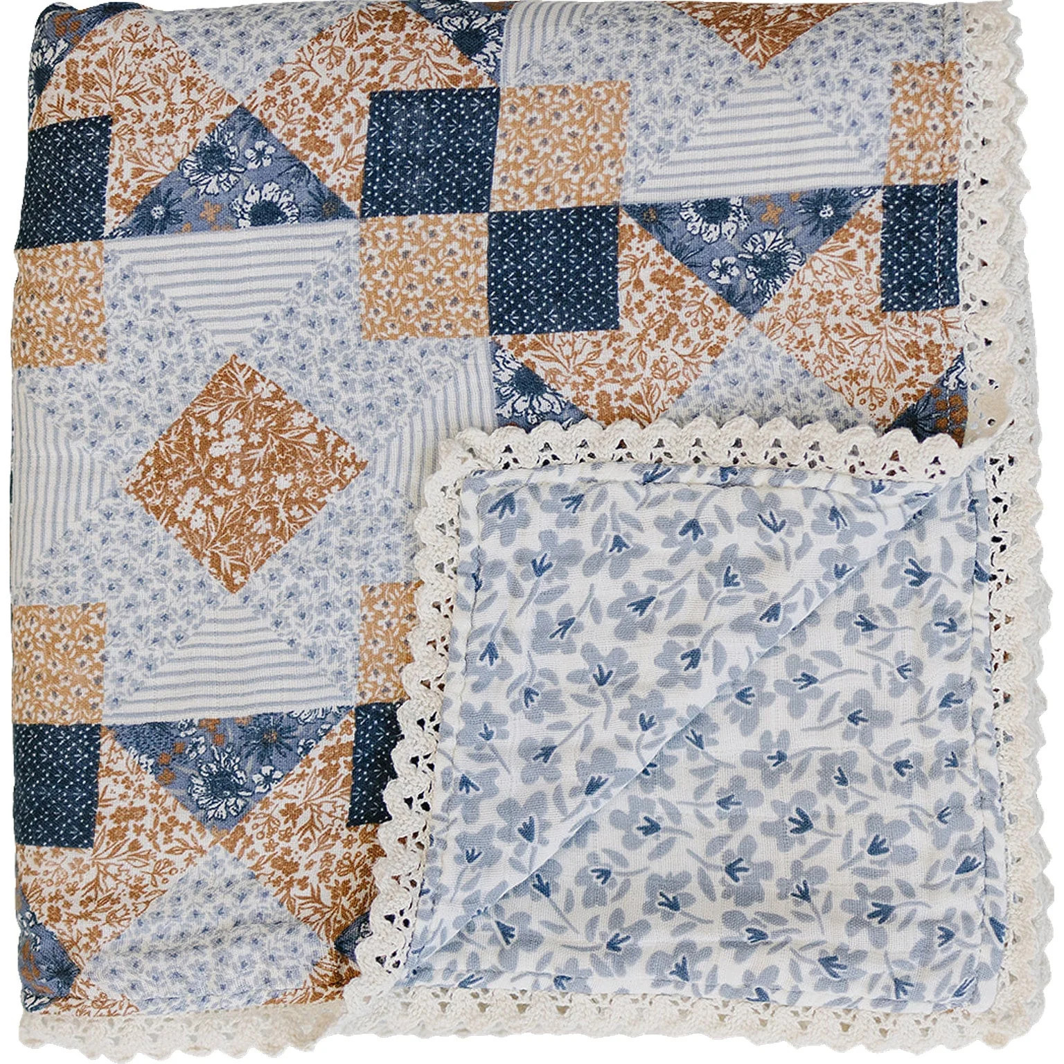 Patchwork Print + Blue Blossom Lace Muslin Quilt | Mebie Baby