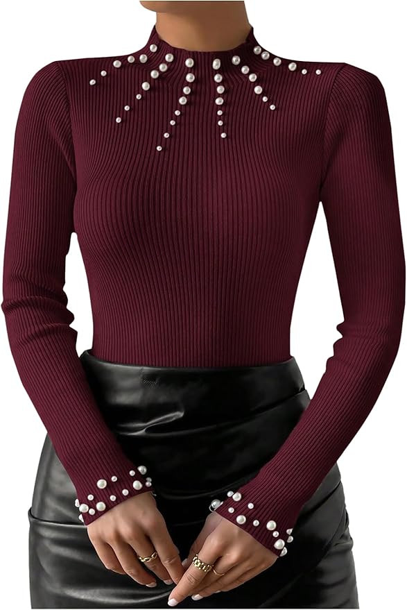 WDIRARA Women's Pearls Beaded Rib Knit Mock Neck Long Sleeve Tops Slim Fit Tee Shirt | Amazon (US)