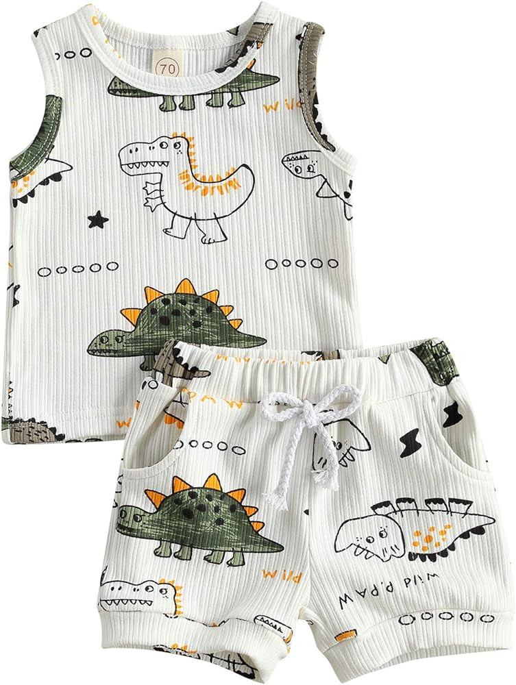 Ledy Champswiin Toddler Boy Clothes Baby Summer Outfit Dinosaur Letter Print Cotton Tops+Grey Ela... | Amazon (US)